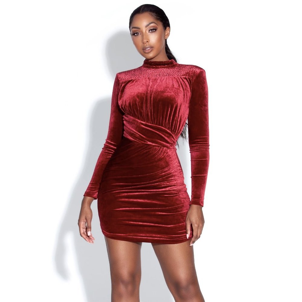 Wine Backless Velvet Dress With Crystals #1695